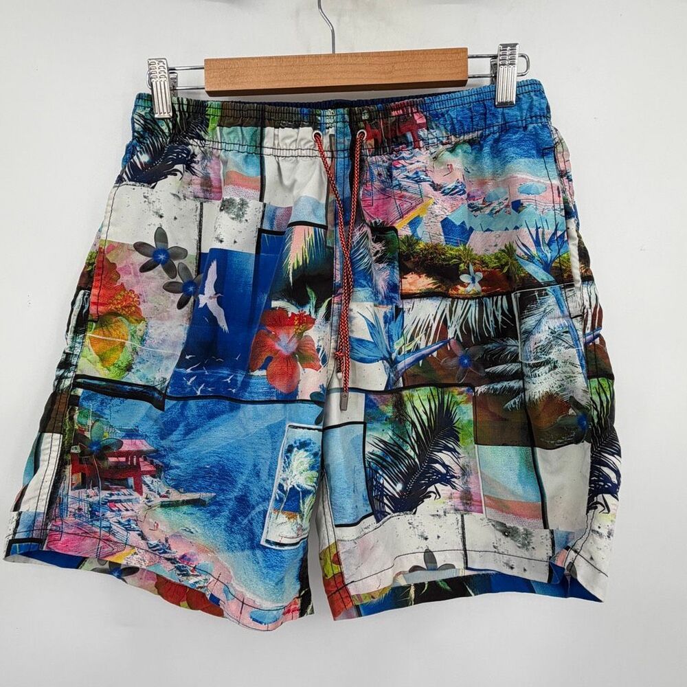Bugatchi Men’s Swim Trunks Large Tropical Collage Print Quick Dry Board Shorts